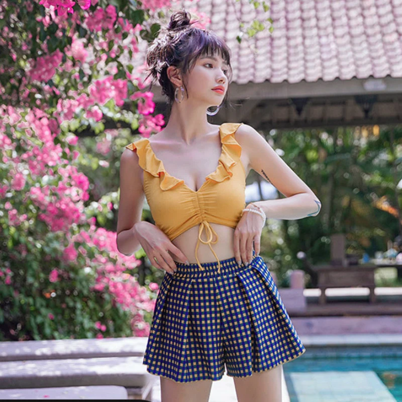

Bikinis Set Womens Sexy Two-pieces Split Deep V-Neck Ruffled Strap Drawstring Plaid Sweet Girls Swimwear Swimming Suits Bathing