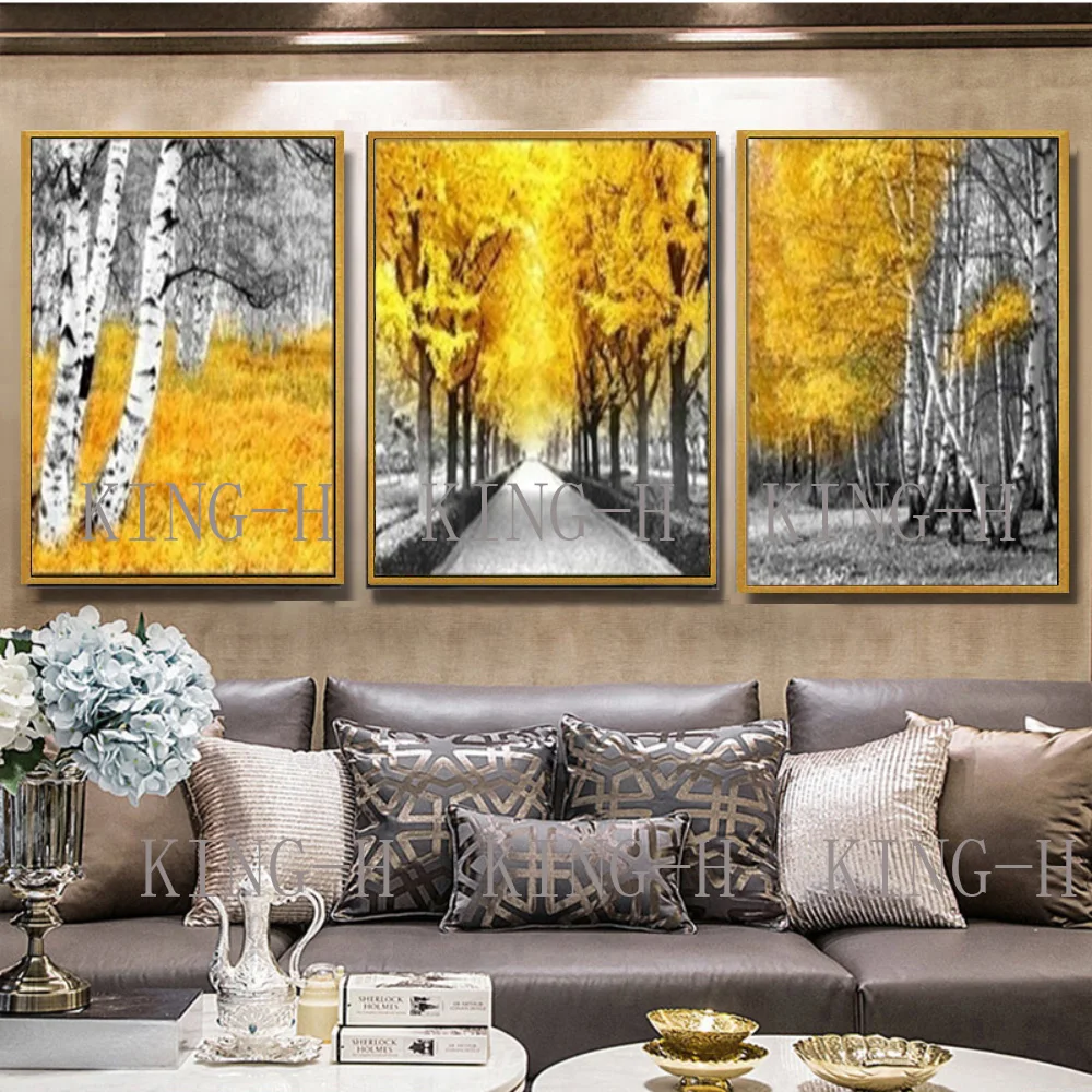 

Modern hand painted Wall art Picture Abstract Oil Painting 3p blue and yellow line On Canvas Home Decor for living room no frame
