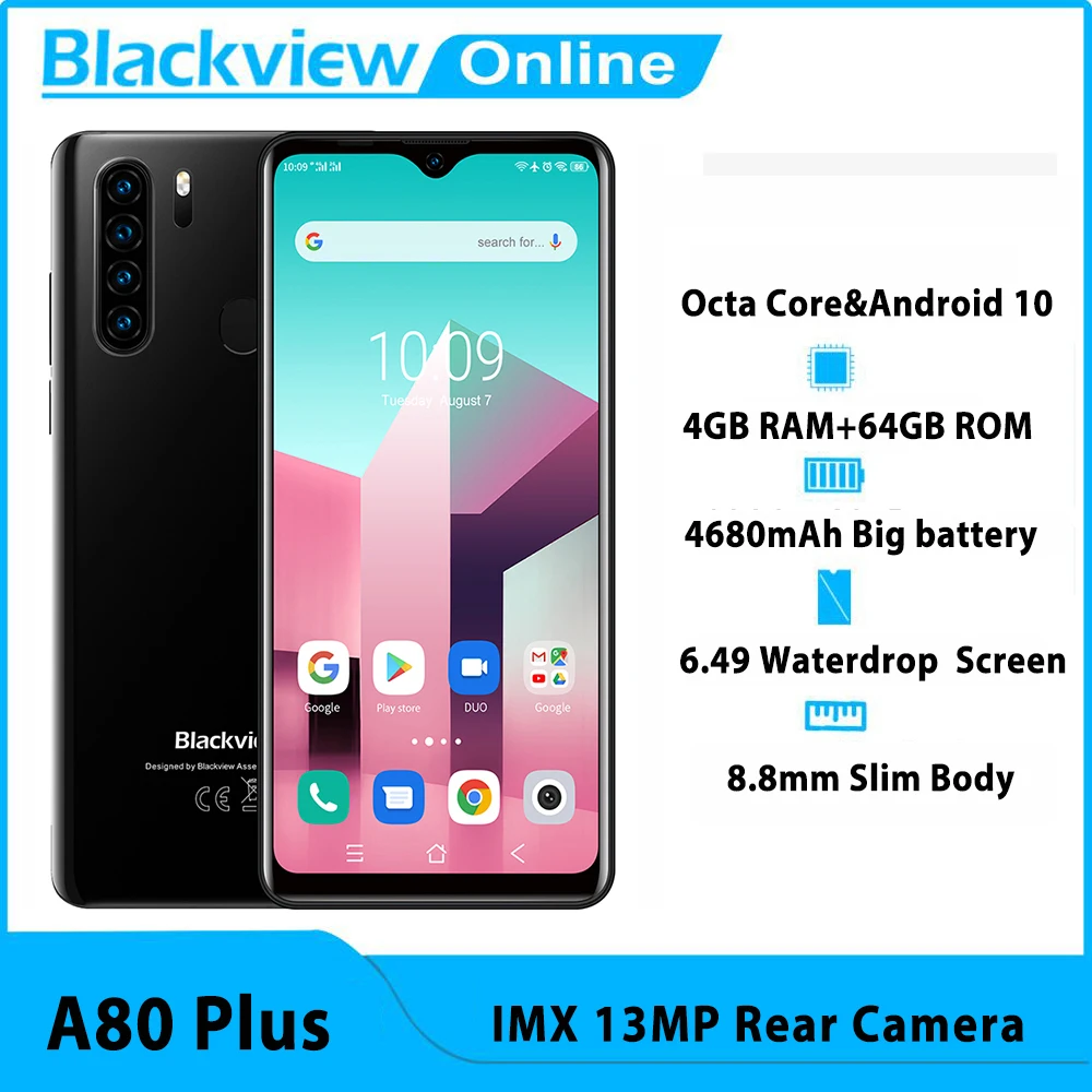 

Blackview NEW A80 Plus Mobile Phone Octa Core 4GB RAM+64GB ROM IMX 13MP Rear Camera Face ID Fingerprints Waterdrop 4G Cellphone