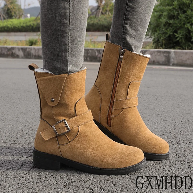 

Plus Size 35-43 Faux Suede Ankle Boots Women Snow Shoes Buckle Motorcyle Boots Plush Warm Botas mujer Low Heel 2021 Winter