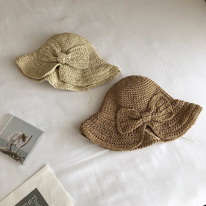 

100%Raffia Bow Sun Hat Wide Brim Floppy Summer Hats For Women Beach Panama Straw Dome Bucket Hat Femme Shade Hat Straw Hat Cap