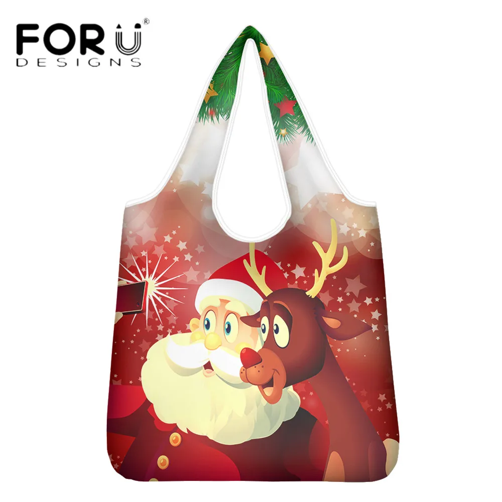 

FORUDESIGNS New Arrival Santa Claus With Deer Printing Women Grocery Bag Female Foldable Crossbag Christmas Gifts Lady Bolsa