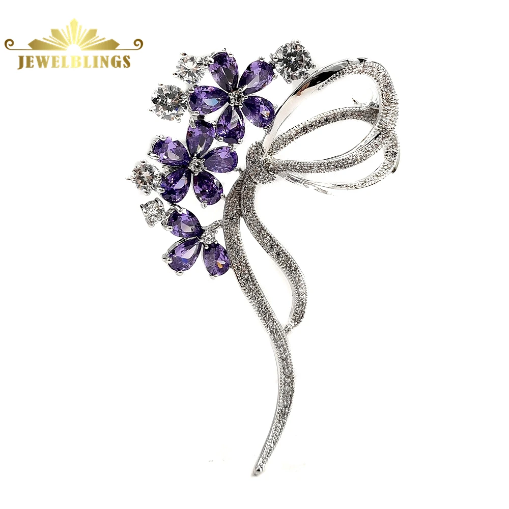 

Elegant Micro Pave CZ Doubled Ribbon Bow Triple Purple Five Petal Floral Brooches Pin Women Wedding Party Outdoor Suit Accessory