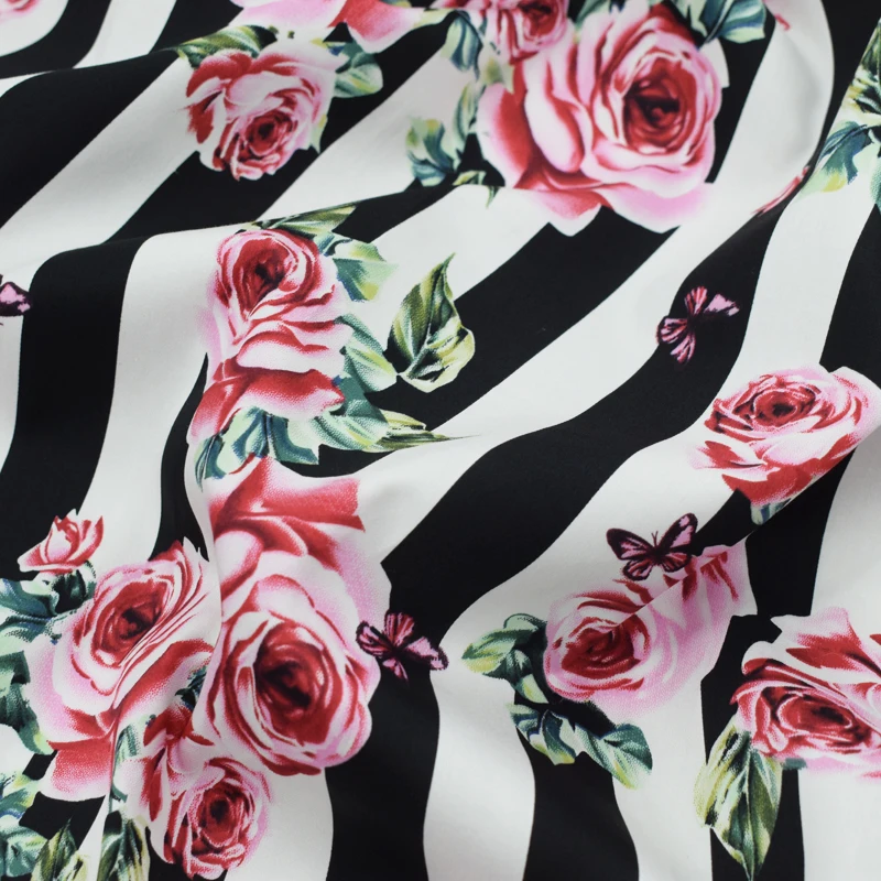 Soft Black and White Striped Rose Butterfly Printed Cotton Stretch Fabric for Dress Shirts by the Meter | Дом и сад