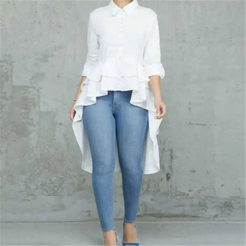 

Blouse High Asymmetrical Loose Women Shirt Lapel Tops Low Hem Tunic Frill