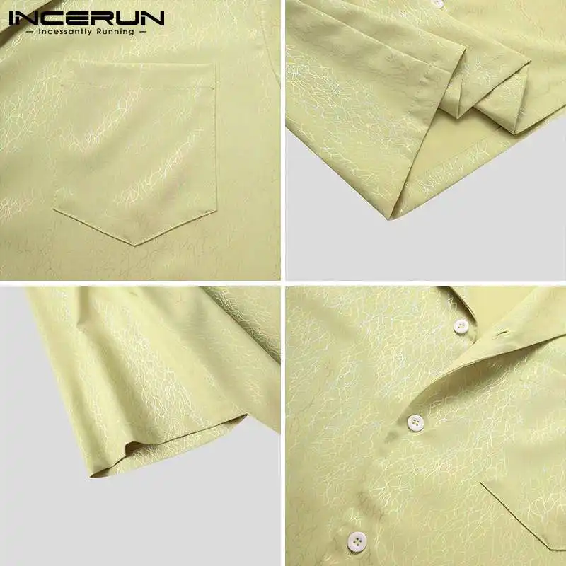 

2021 Fashion Men Shirt Shiny Turn Down Collar Short Sleeve Streetwear Button Blouse Party Nightclub Casual Shirts INCERUN S-5XL