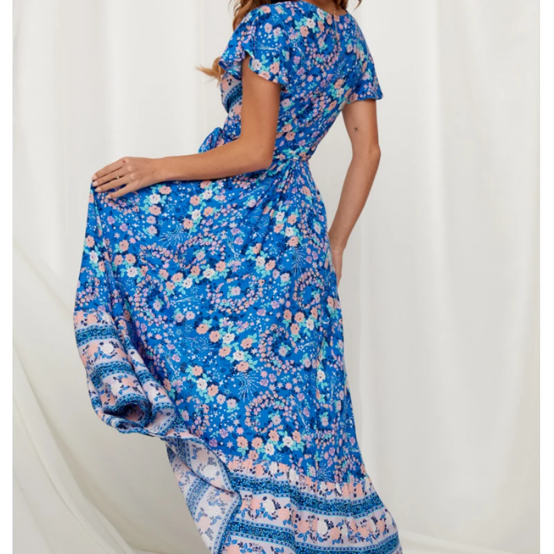 

Summer Women's Fashion Retro Blue Print Short Sleeve Sexy Elegant V-Neck Hem Split Beach Long Dress Leisure Comfortable Vacation