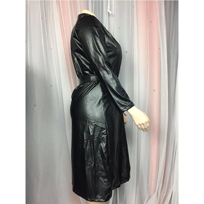 

Plus Size Women New PU Faux Leather Jackets Long Sleeve Eyelet Sexy Deep V-neck with Belt Pleated Swing Long Coat Windbreaker