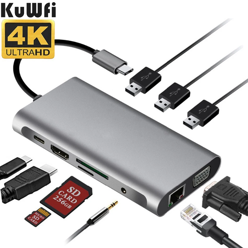 

10 в 1 USB Type C HubTo HDMI-совместимый 4K VGA адаптер RJ45 Lan Ethernet SD TF PD USB3.0 3,5 мм Jack аудио-видео для MacBook