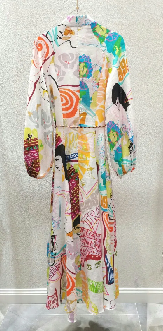 

High End Bohemian Style Lantern Sleeve Graffiti Printed Long Sleeve Holiday Long Dress