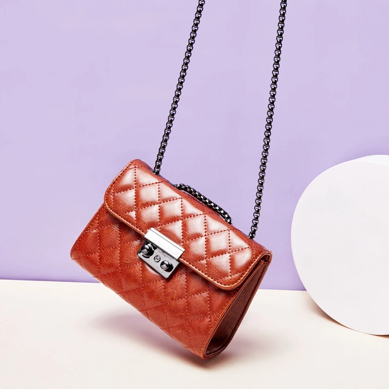 DOYUTIG Lovely Mini Size Genuine Leather Diamond Lattice Cross-body Bags Women Black Metal Chains Shoulder Square Flap F680 | Багаж и