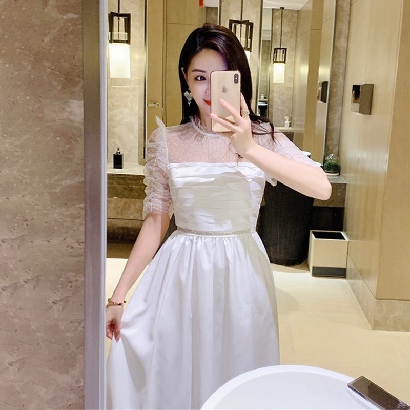 

New Summer 2021 Women's Slocked Tulles Dot Patchwork Ivory Poplin Dress Female Puff Sleeve Holiday Elegant Party Midi Dress