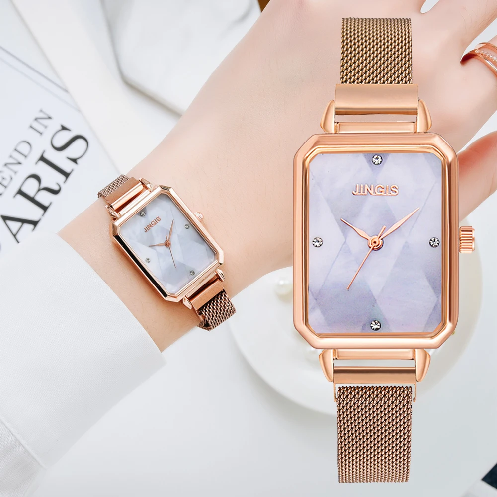 

Luxury Women Watches Dress Magnet Buckle Rectangular Dial Rhinestone Watch Ladies Quartz Wrist Watch Bracelet Set Reloj Mujer