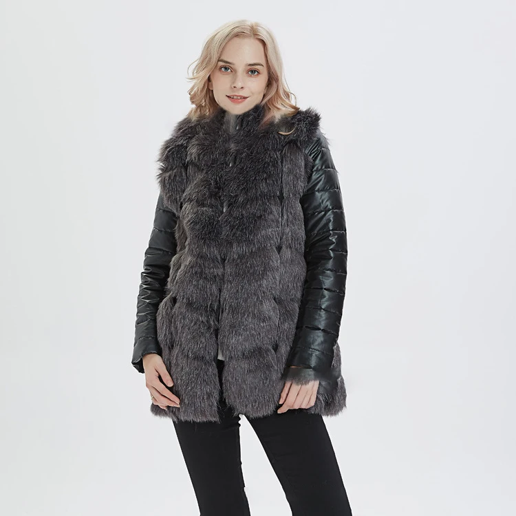 

ZJZLL Autumn Winter Women's Faux Fur Stitching PU Leather Sleeve Cotton Warm Coat European and American Plus Thick Sweater