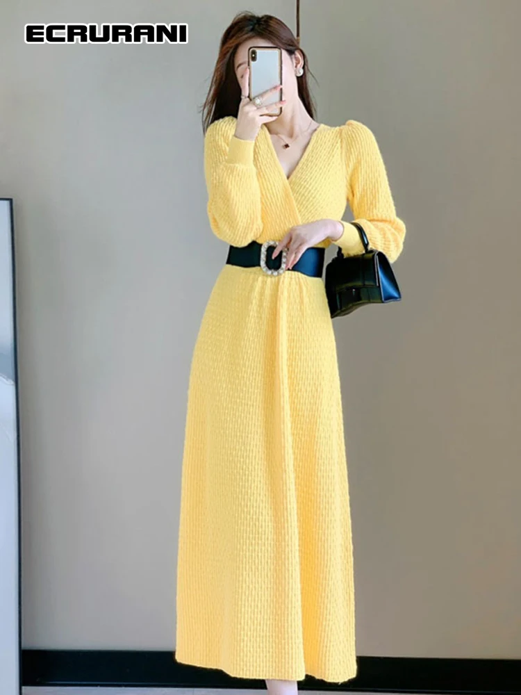 

ECRURANI Yellow Casual Patchwork Dress For Women V Neck Long Sleeve High Waist Slimming Solid Midi Dresses Females 2021 Clothing