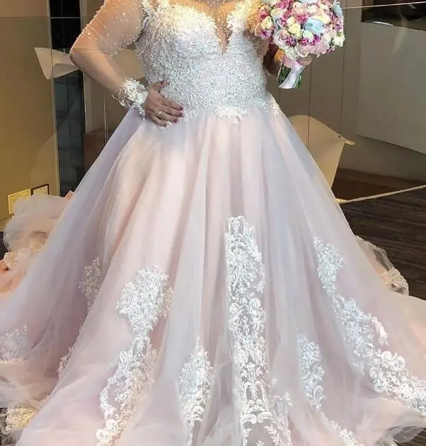 

Plus Size Princess Wedding Dresses 2021 Illusion Long Sleeve Luxury Lace Beaded Applique Sheer O-neck Bride Gowns vestidos