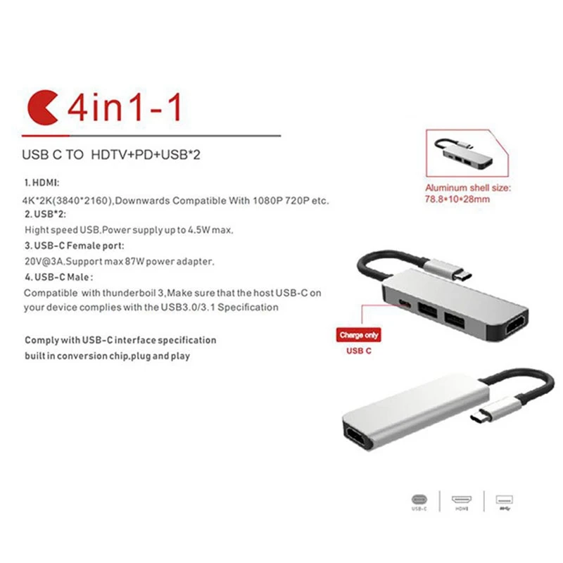 

USB C Hub Type-C to HDMI 4K Hub USB Adapter Type C PD Charging Port for Pro Samsung Galaxy S8 Type-C Hub