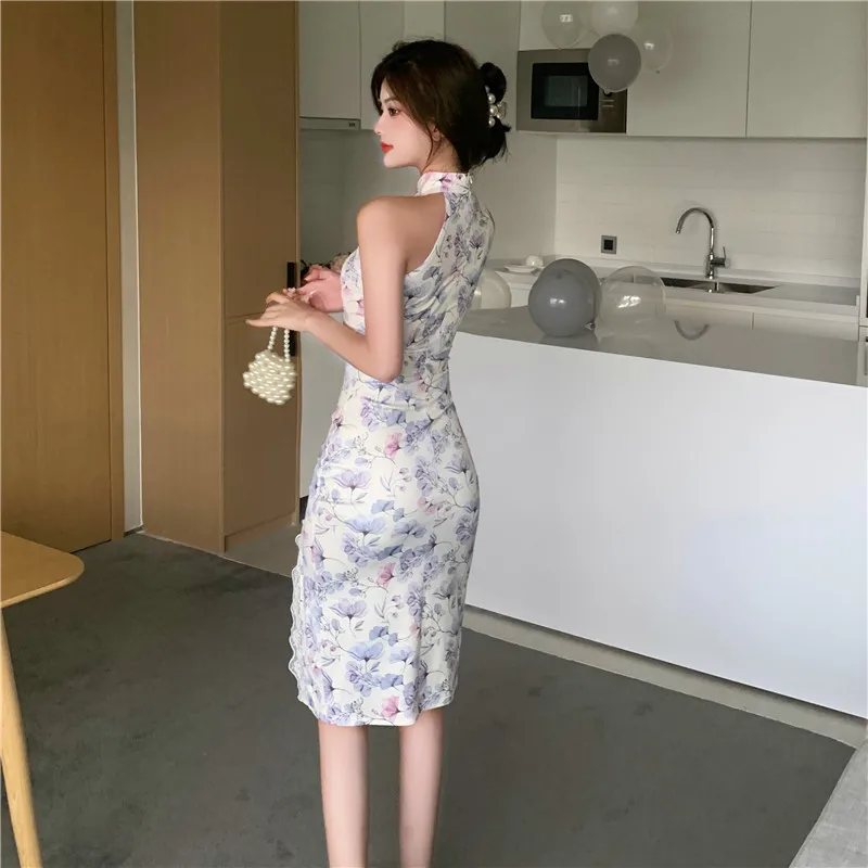 

Summer sexy floral mid-length split lace dress sleeveless hanging neck strapless cheongsam dress