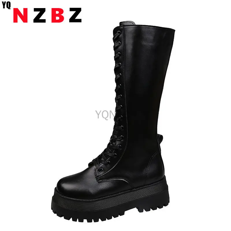 

Women Combat Boots Antumn 2020 Female High Platform Gothic Shoes Black Leather Boots Lace Up Women Knee High Boots