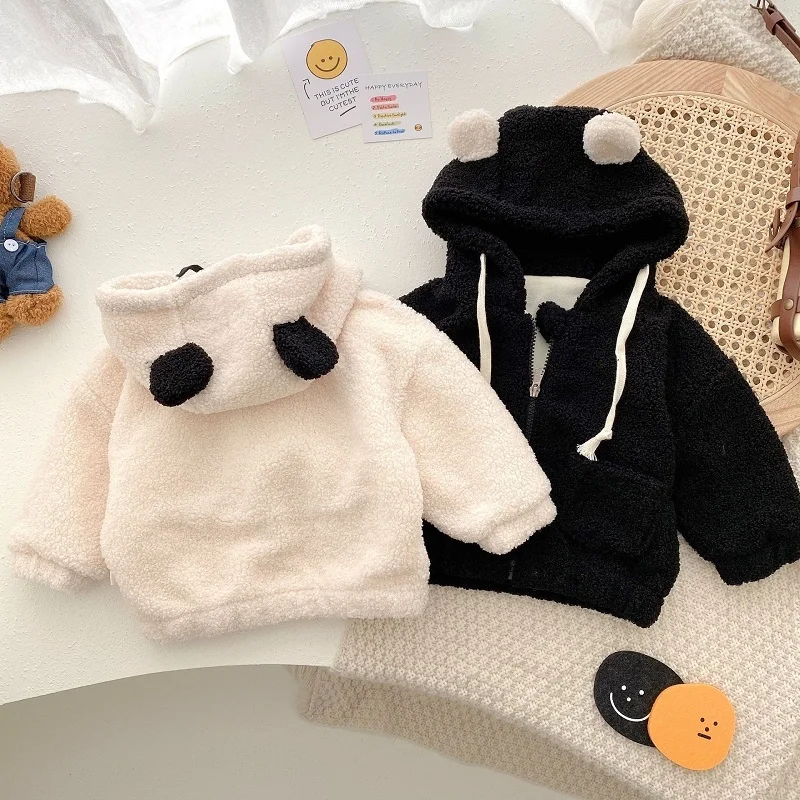 

Baby Jackets Bear Ear Shaped Hat Solid Color Long Sleeve Children Outwear Winter Newborn Boy Girls Plus Velvet Thickening Coat