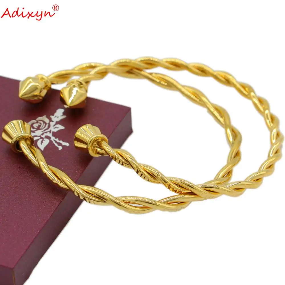 Adixyn 2pcs/lots African Twisted Bangle Gold Color Copper Kuwait Jewelry Dubai Luxury Jewelry for MUM Lovers Gifts N102614