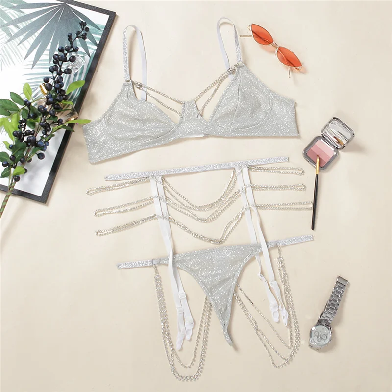 

Bra Panties Thongs 3pc Bling Rhinestones Fashion Bra Panty Set New Hot Sexy Lenceria Brief Sets S-L Thin Underwear and Bra Set