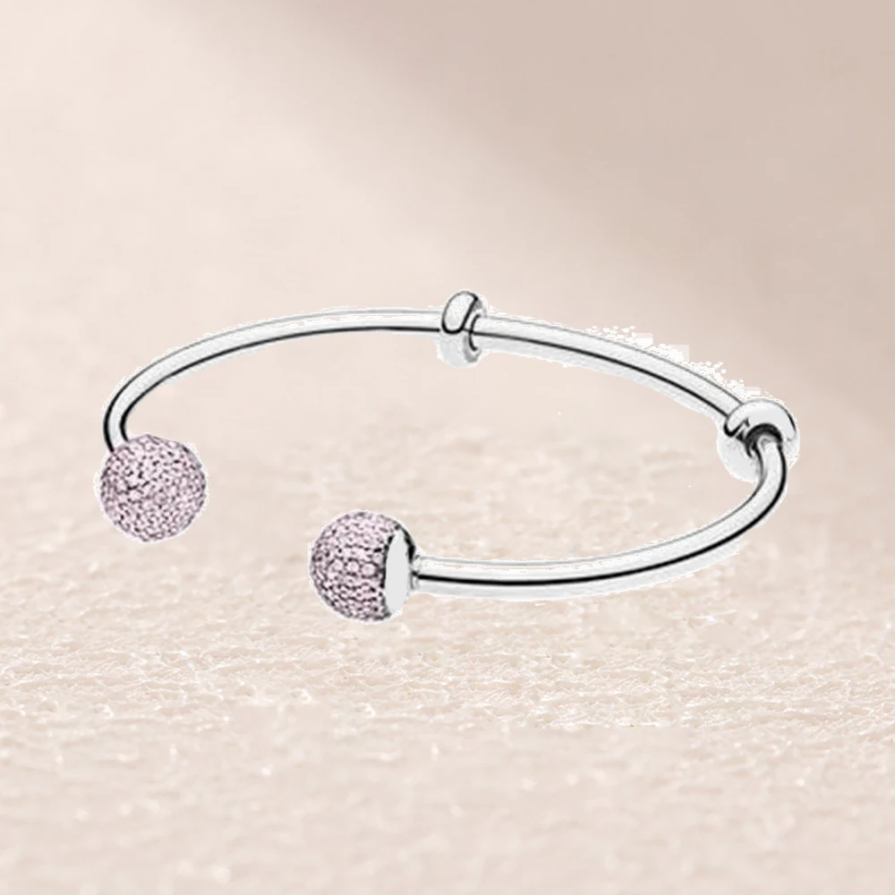 

596438PCZ MOMENTS SILVER OPEN BANGLE WITH PAVE CAPS Pink