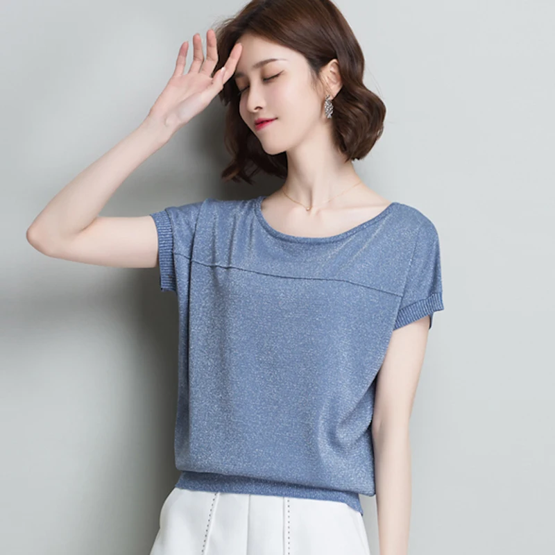 

Femme T-shirts Vetemant Summer 2020 Tshirt Women Batwings Bright Wire Kintted Top Black Pink T Shirt Korean Style O Neck Tshirts