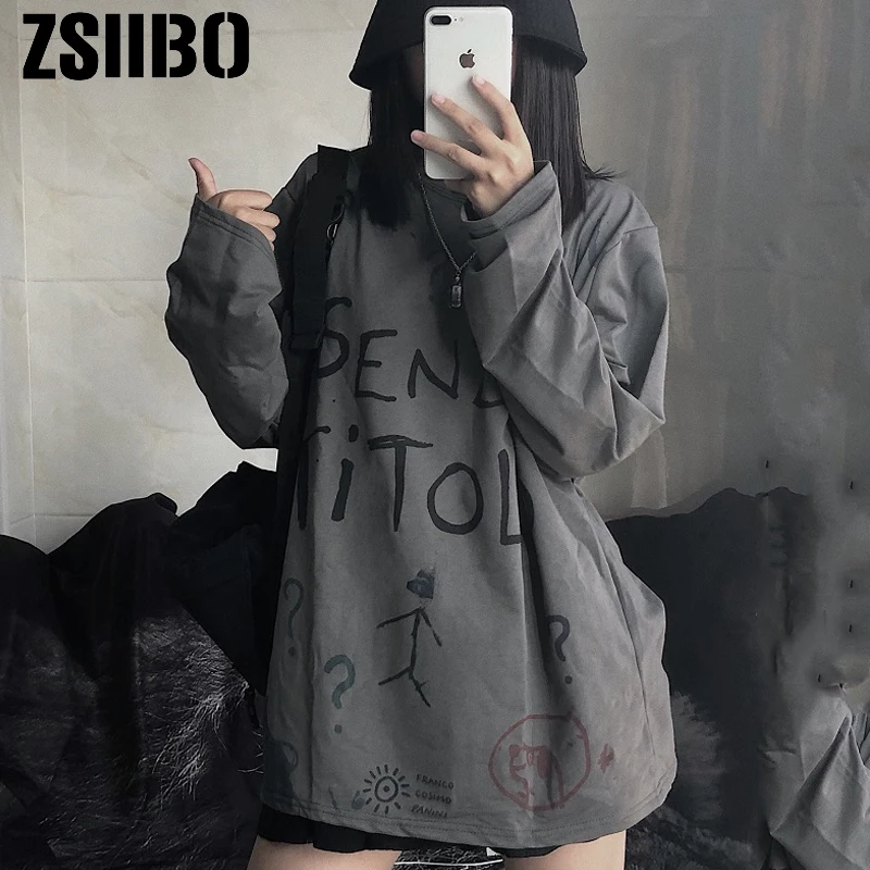 

Harajuku Hoodies Hem O-Neck Loose Retro Chic Korean Style Soft Trendy Sweatshirts Womens Cartoon Print Long Sleeve Hoody