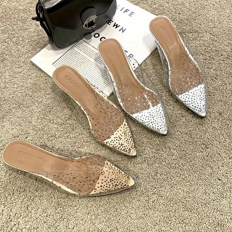 

Женские босоножки на прозрачном каблуке, прозрачные туфли-лодочки из ПВХ с острым носком, свадебные туфли-желе с кристаллами, лето 2021