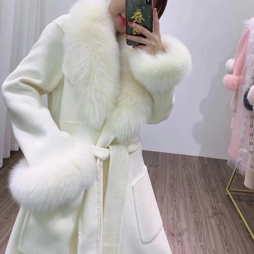 

Women's Long Wool Coat Luxury Detachable Fluffy Fox Fur Collar Genuine Real Fur Winter Spring Warm Fluffy Fur Jacket S7888