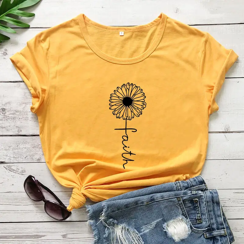 Faith Cross With Flower Graphic Print 2020 New Arrival Summer 100%Cotton Funny T Shirt Christian Religious | Женская одежда