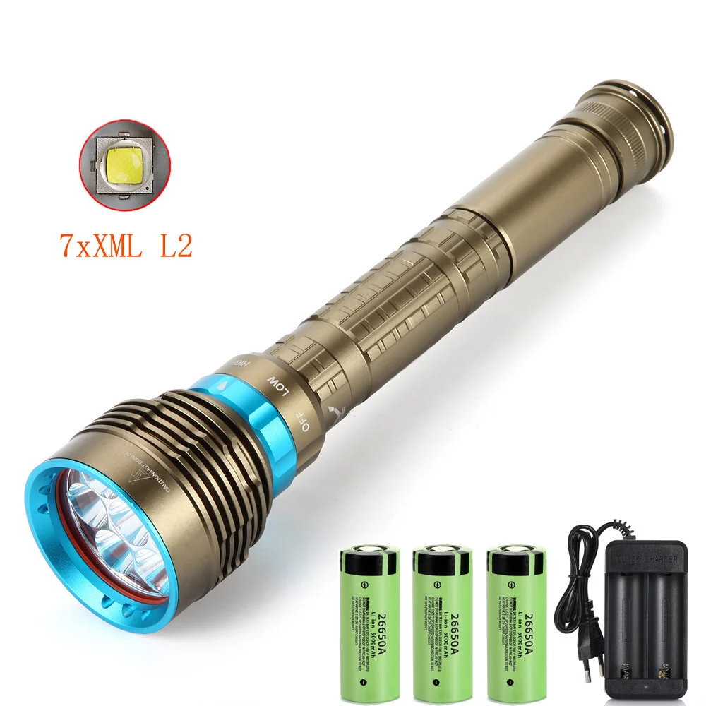Prezzo Nuova Lanterna Subacquea A LED 7 X XM-L2 7000LM Torcia Subacquea 100M Torcia Lampada Impermeabile E Caricabatterie 3x26650