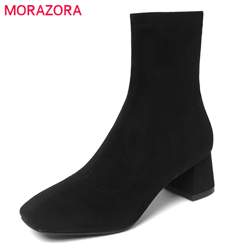 

MORAZORA 2022 Hot Sale Stretch Boots Women Slim Casual Shoes Solid Colors Square Toe Zip Winter High Heel Ankle Boots Women