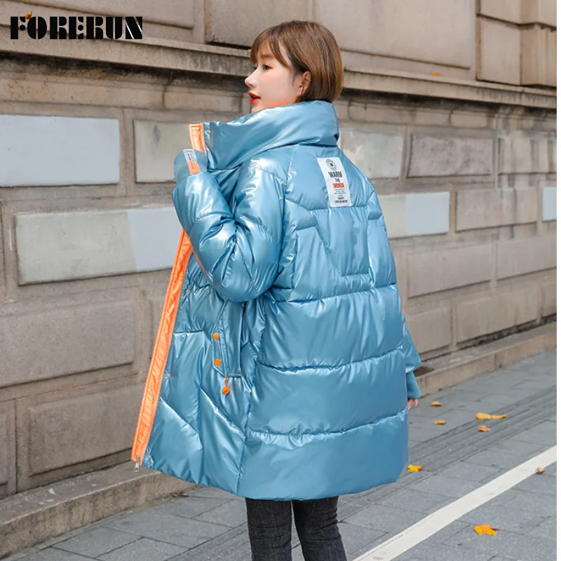 

Женская длинная куртка-пуховик FORERUN, модная блестящая куртка-пуховик с буквенным принтом в Корейском стиле, теплая парка с хлопковой подкла...