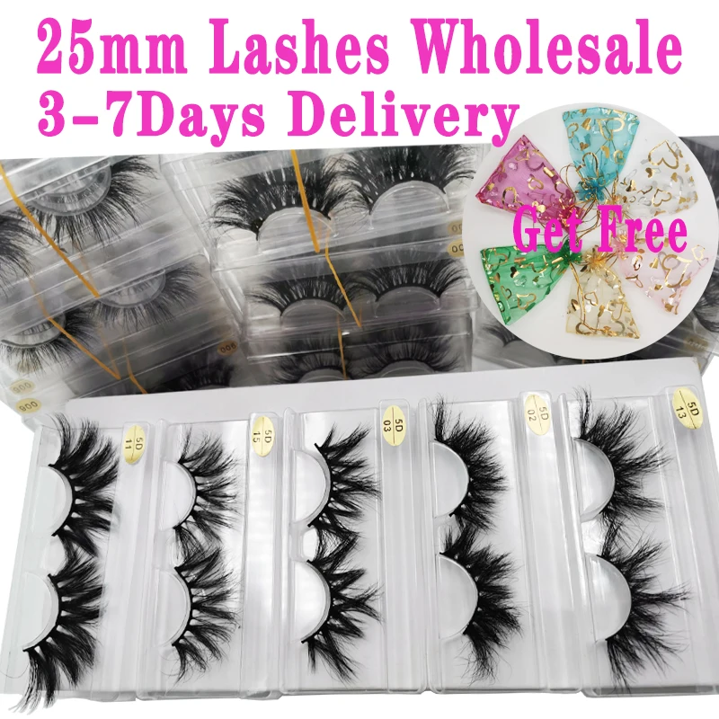 25mm Wholesale Lashes 30/50/100/200 Pairs 5D Mink Eyelashes Thick Strip Mink Lashes Makeup Dramatic Long Mink Eyelashes In Bulk