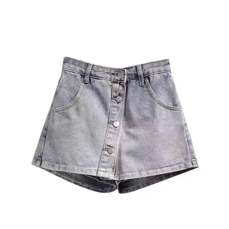 

Jeans skirt shorts women's summer loose student's two-piece half length trouser skirt high waist anti light A-line short skirt