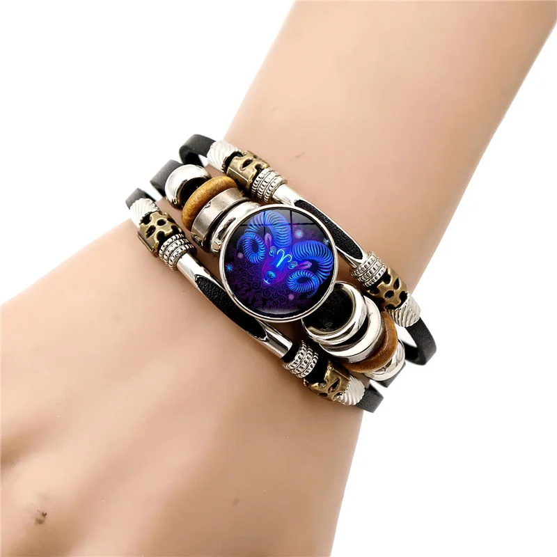 Браслет из кожи 12 знаков зодиака светящийся многослойный с бисером | Украшения и