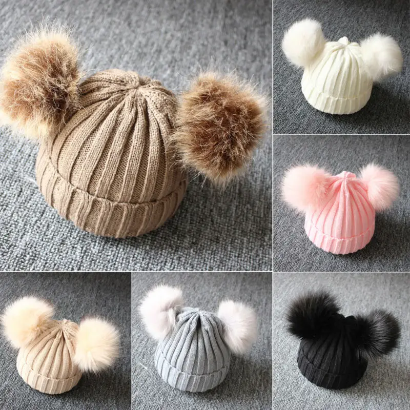 Теплая вязаная шапка с меховым помпоном для новорожденных детей Повседневная