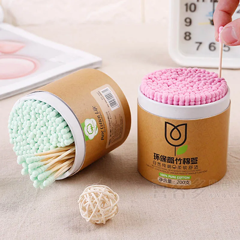 

200Pcs/Box Portable Double-Head Cotton Swabs Wooden Sticks+Cotton Swabs Makeup Cleaning Supplies Baby Care