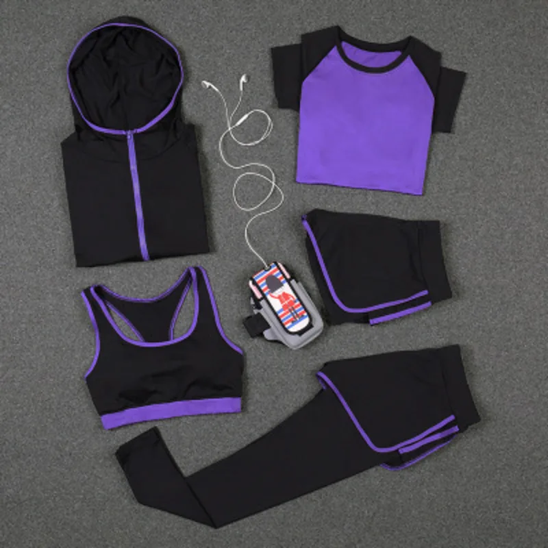 5 Piece Set Yoga For Women's Running Fitness T-Shirt Sports Bra Wear Clothing Women Training yoga Sport Suit | Спорт и