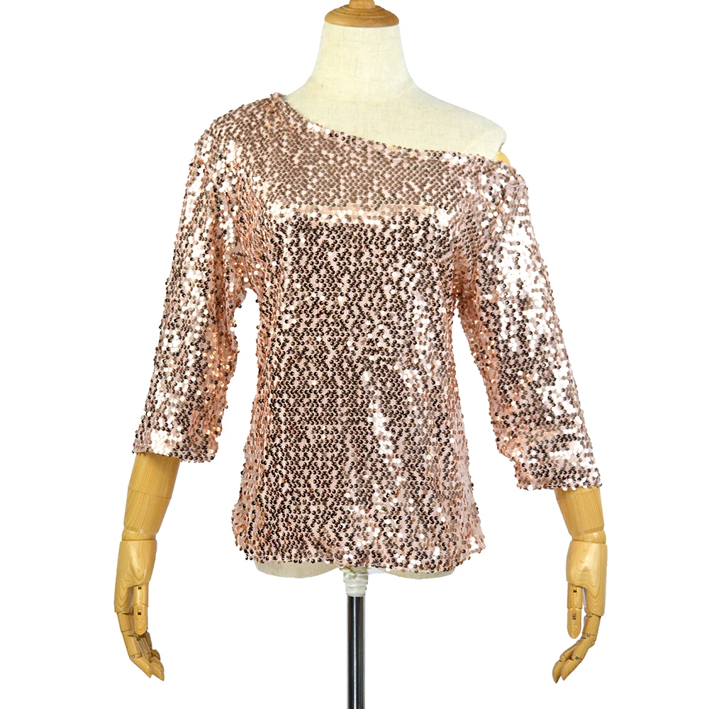 Футболка женская однотонная с рукавом средней длины и блестками|Футболки| |