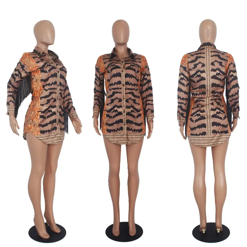 2019 полосатая футболка с принтом и кисточками платья на пуговицах длинным рукавом