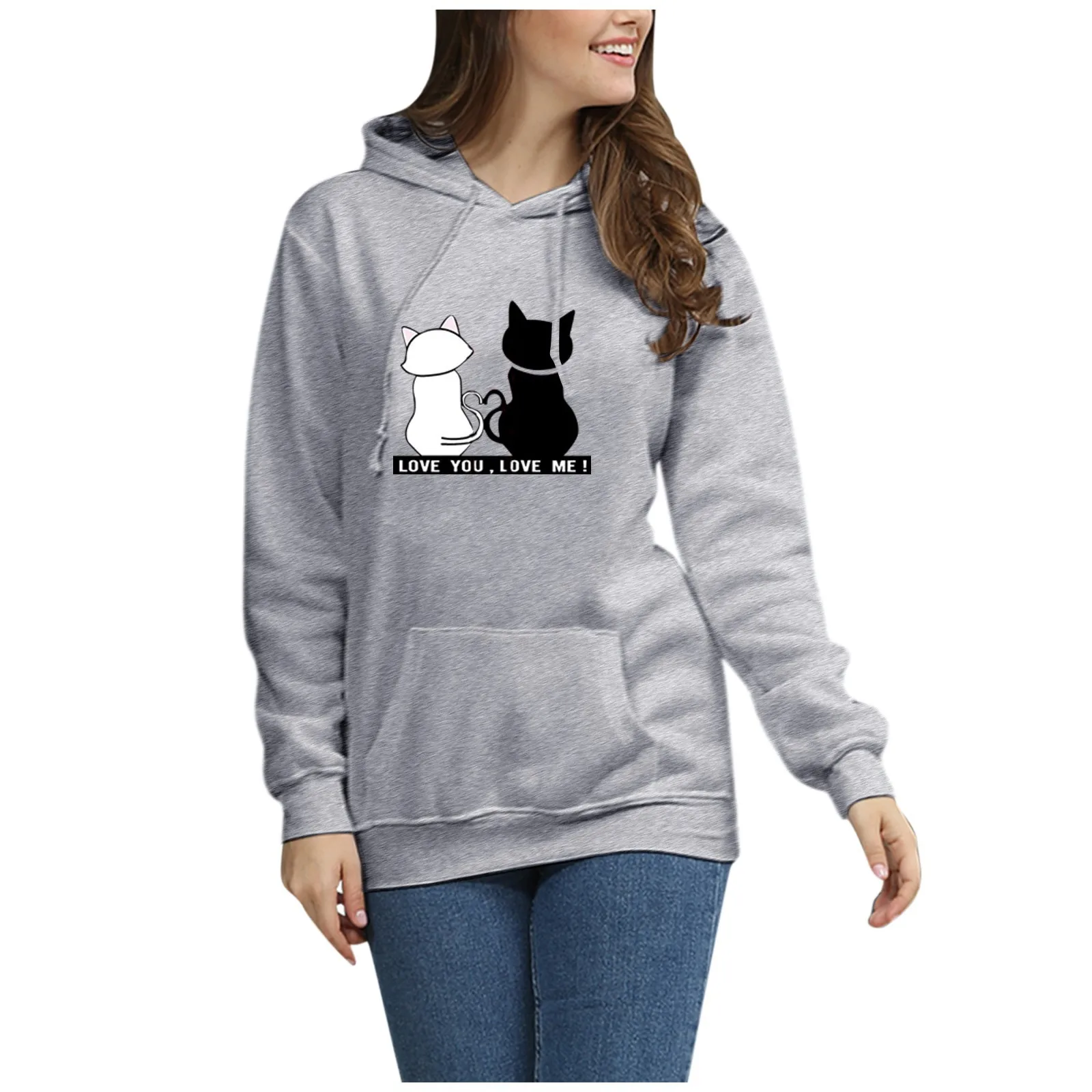

Cat Printed Women Hoodies 2021 Autumn Winter Casual Loose Pocket Girl Teen Hooded Sweatshirts Harajuku Long Sleeve Pullovers