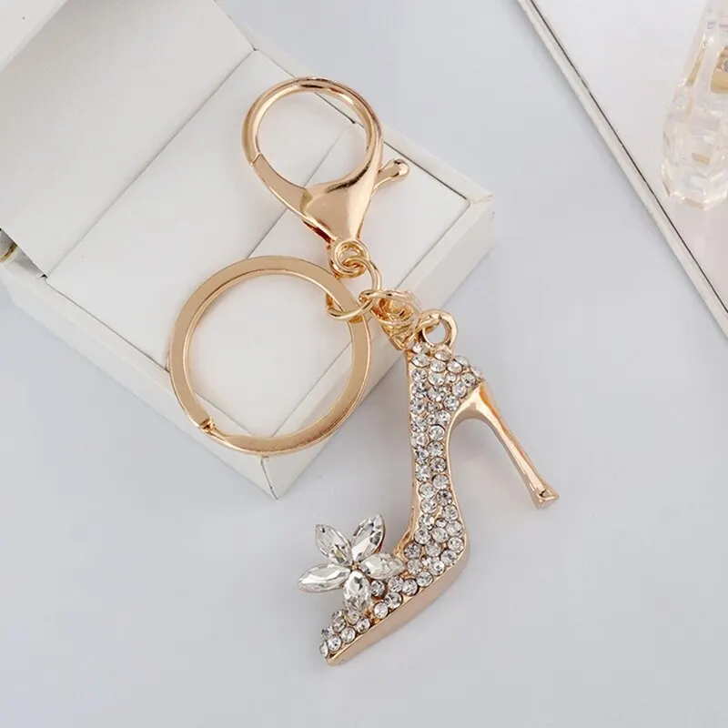 

New Creative High Heel Shoes Pendants Keychain Rhinestone Crystal Gold Color Purse Car Key Chain Bag Decorative Keyrings