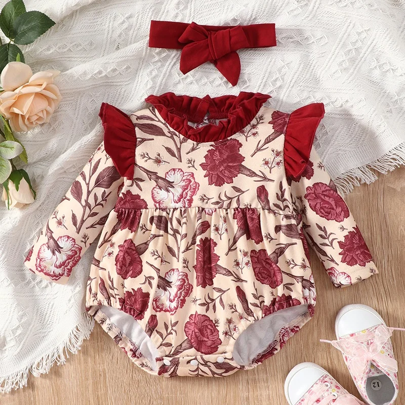 

New Baby Clothes Baby Girl Romper 2 Pcs Flower Print Flying Sleeve Baby Bodysuits+headband Spring Fall Baby Girl Clothes 0-18M