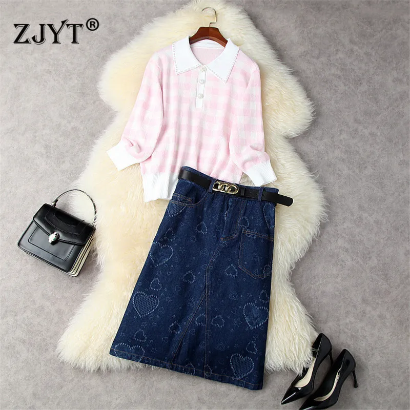 

Женский осенне-зимний костюм, модный клетчатый пуловер с длинным рукавом и бисером, костюм с джинсовой юбкой, женская повседневная одежда