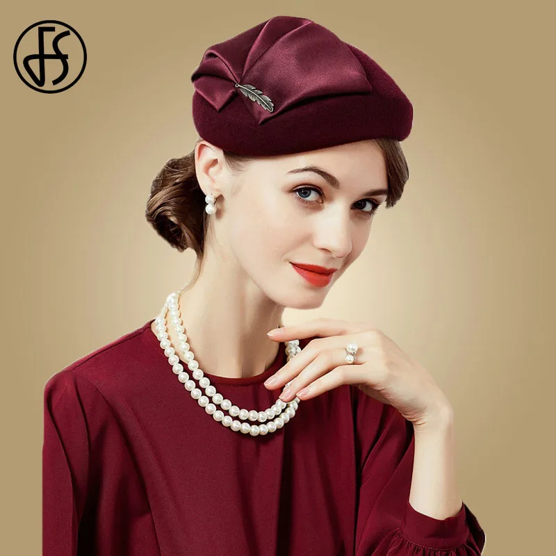 Wine Red Pillbox Hat FS женские синие шляпы для свадьбы красные Шерсть Войлок с цветком Pillbox вуалетки женские элегантные церковные шляпы «Fedora» Sombreros - Цвет: Wine Red Pillbox Hat