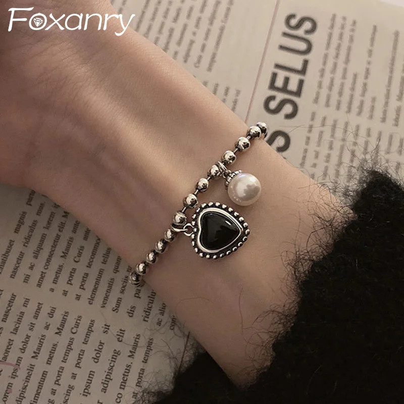 

Foxanry Stamp Bead Chain Bracelet INS Fashion Simple Black LOVE Heart Pearl Pendant Elegant Bride Jewelry Gifts