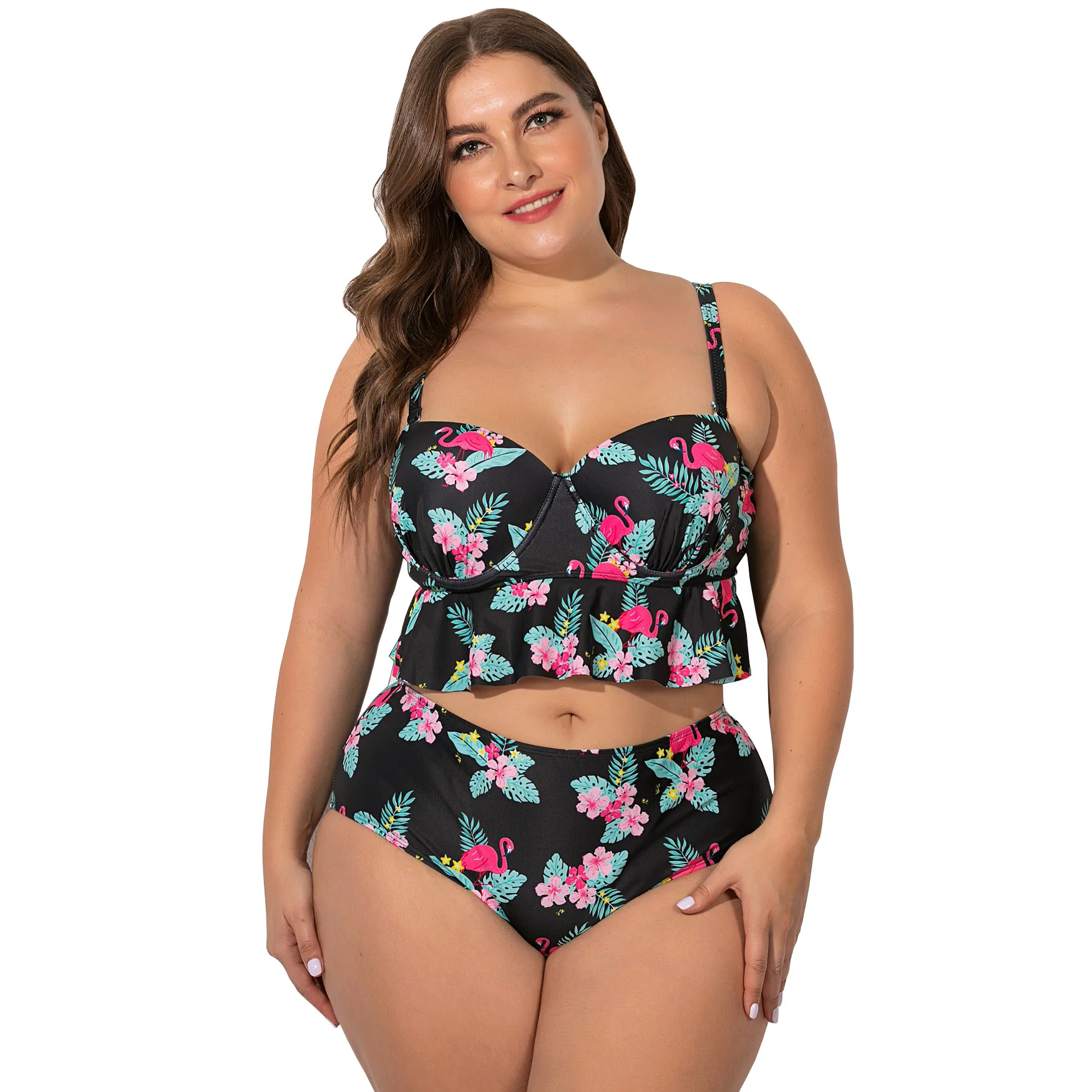 Для женщин размера плюс тропический Фламинго рюшами бюстгальтер бикини
